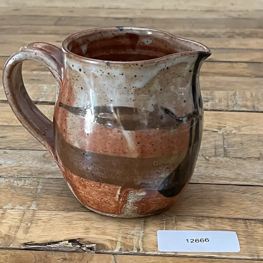 Art Studio Pottery Creamer Pitcher 4.5 in Rustic Texture Orange Tan & Blue Glaze